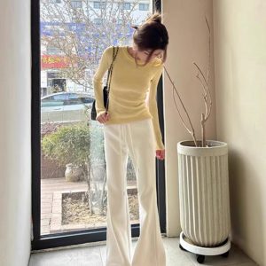 Women's Soft Cream Yellow Knit Base Layer Slim Fit Long Sleeve Sweater 2026 Fall Winter