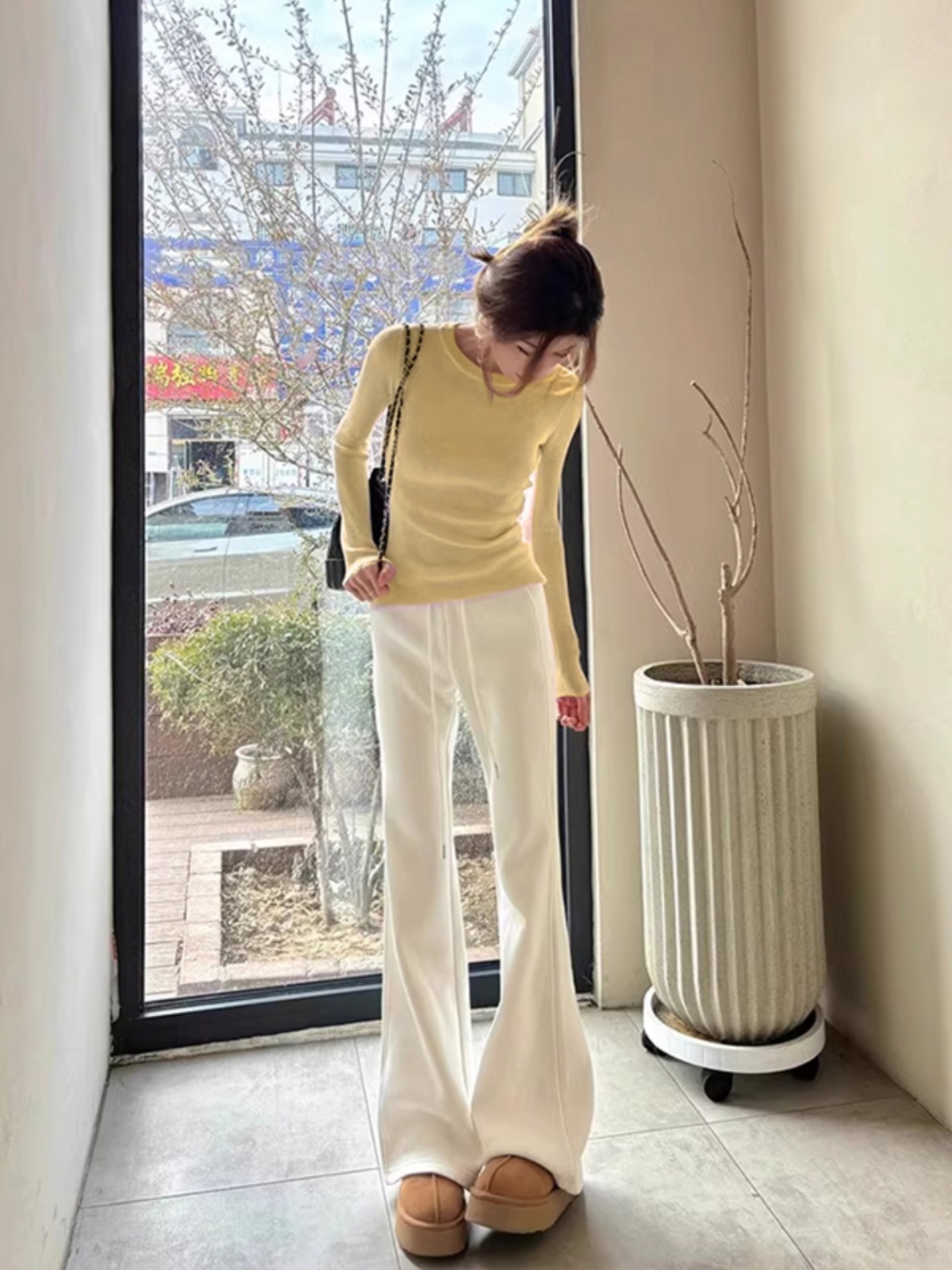 Women's Soft Cream Yellow Knit Base Layer Slim Fit Long Sleeve Sweater 2026 Fall Winter
