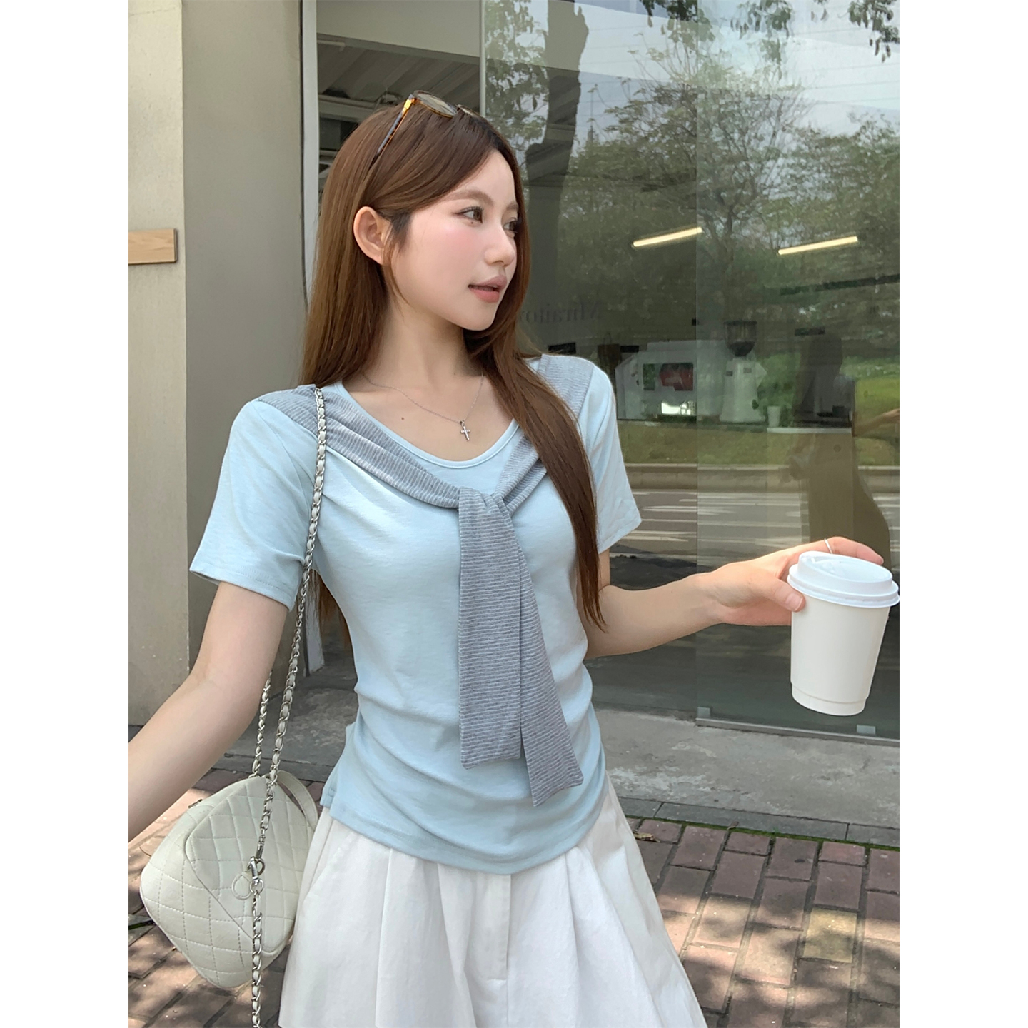 Women's Summer Faux Two-Piece Tie-Front Short-Sleeve T-Shirt with Pleats and Slimming Waist