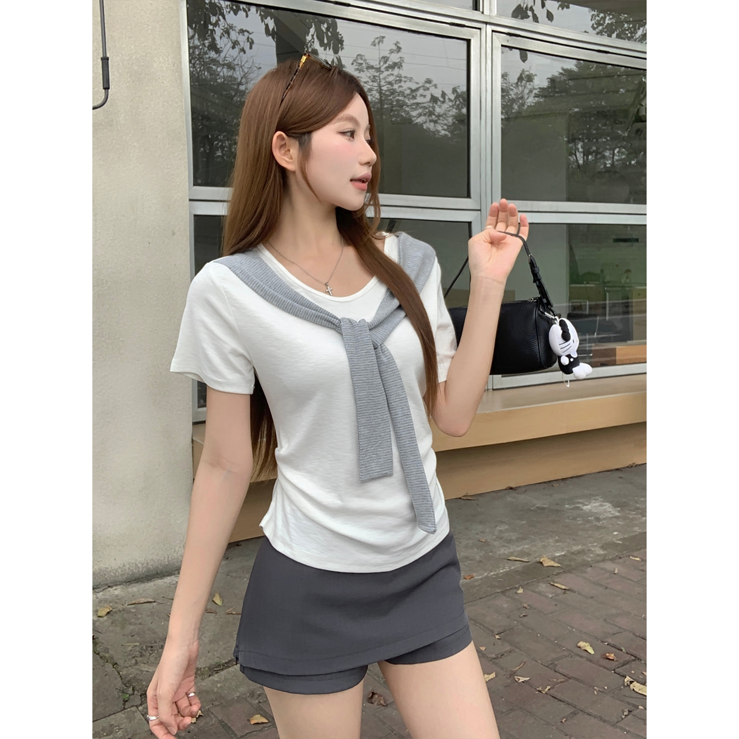 Women's Summer Faux Two-Piece Tie-Front Short-Sleeve T-Shirt with Pleats and Slimming Waist - Image 3