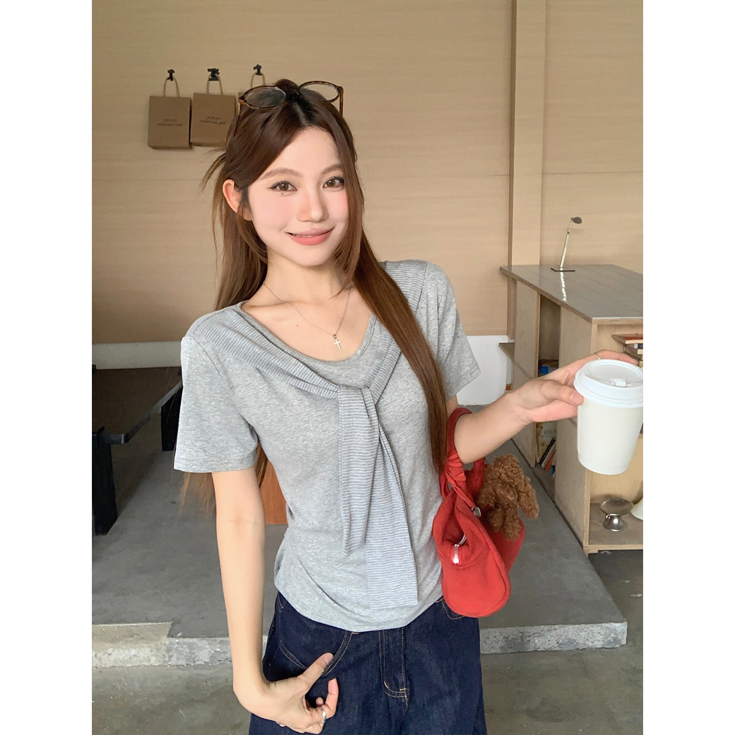 Women's Summer Faux Two-Piece Tie-Front Short-Sleeve T-Shirt with Pleats and Slimming Waist - Image 4