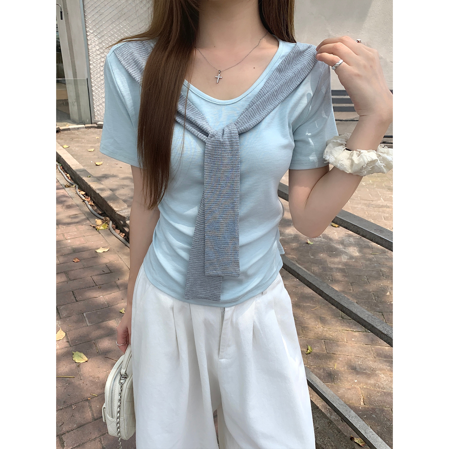 Women's Summer Faux Two-Piece Tie-Front Short-Sleeve T-Shirt with Pleats and Slimming Waist - Image 5