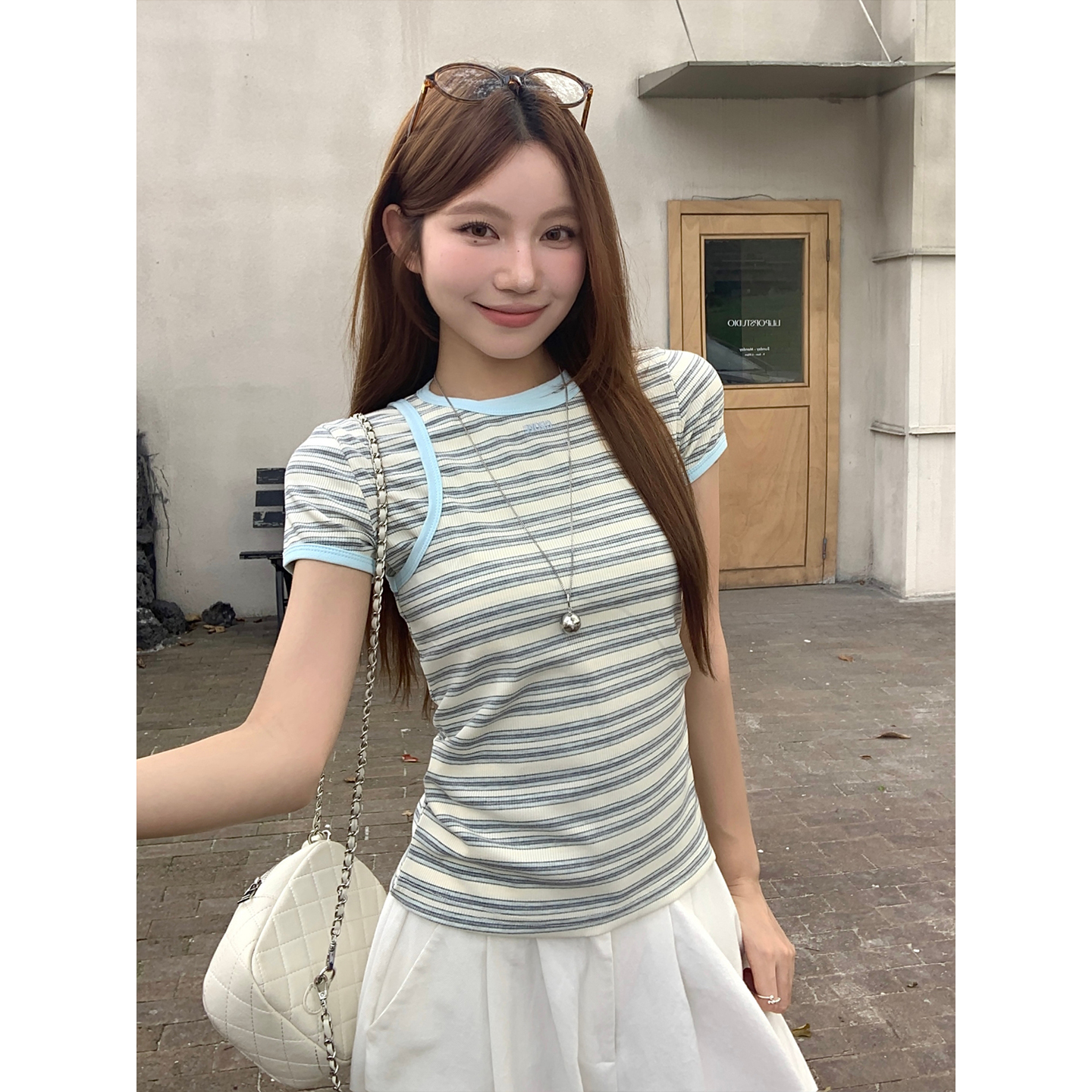 Korean Color Block Striped Short Sleeve T-Shirt Women Summer New Slim Fit Two Piece Top - Image 5