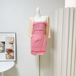 Chestnut Cocoa Bankelili 'Esaka Rena' Waist-Cinched Embroidered Tube Dress with Tencel Silk Cardigan Set