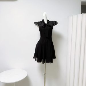 Women's Chiffon Ruffle Dress with Bow and Flutter Sleeves