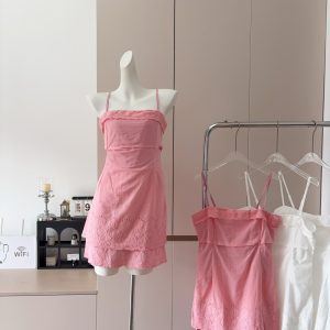 Pink Embroidered Sleeveless Tube Dress Women Summer Petite Waist-Slimming Elegant Pure Desire Sexy A-Line Short Dress