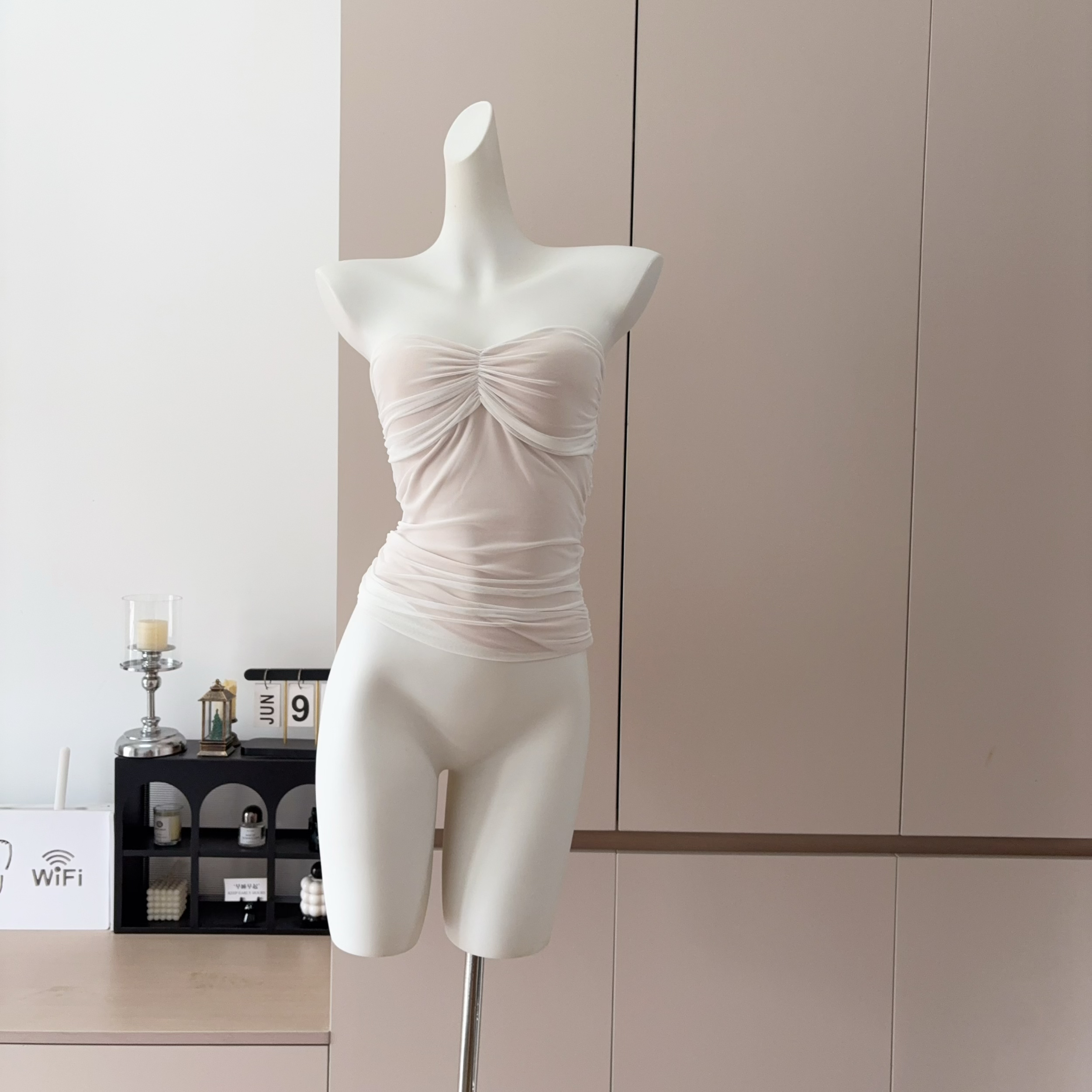 French Style Mesh Bodycon Dress with Padded Bust Ruched Waist Mini - Image 3