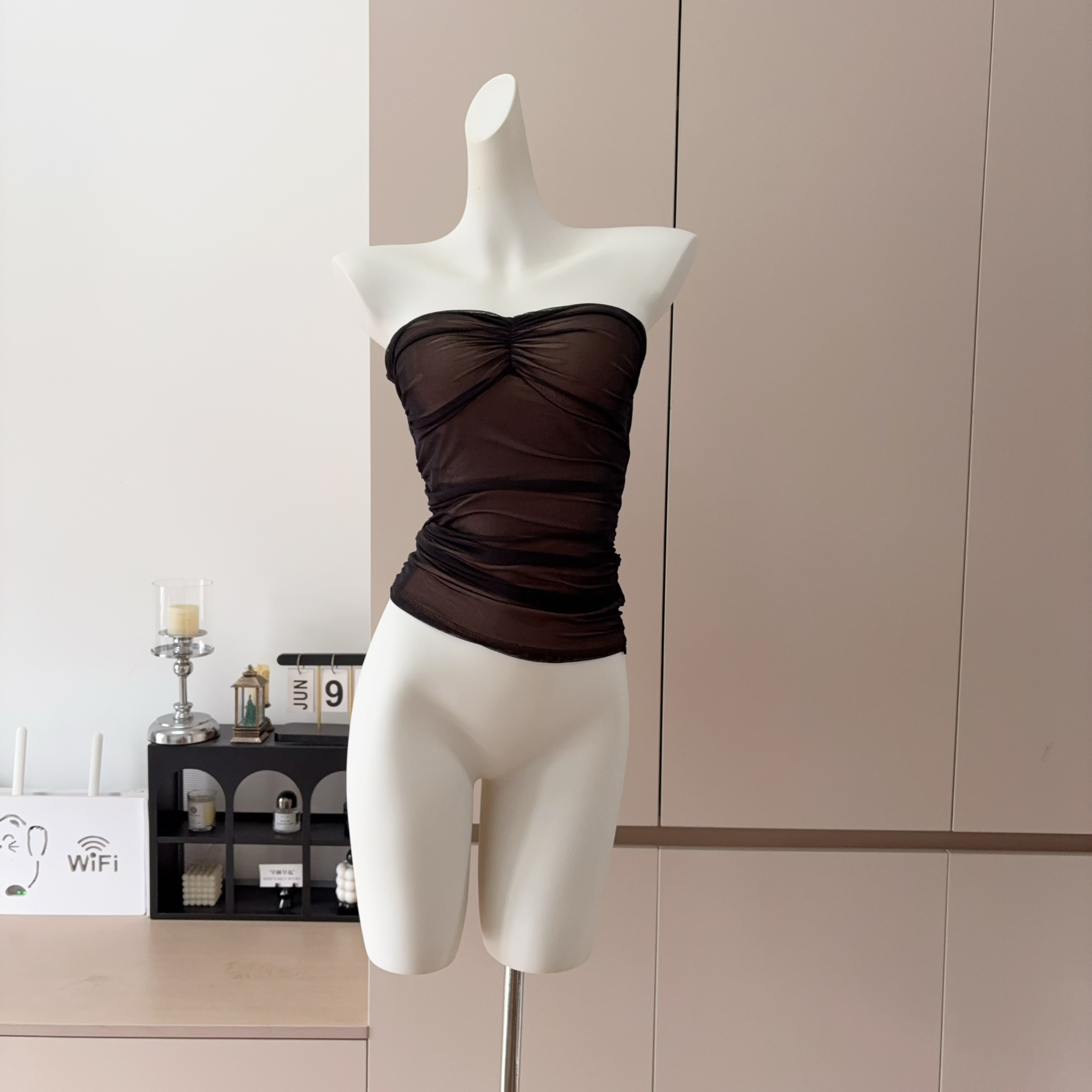 French Style Mesh Bodycon Dress with Padded Bust Ruched Waist Mini - Image 4