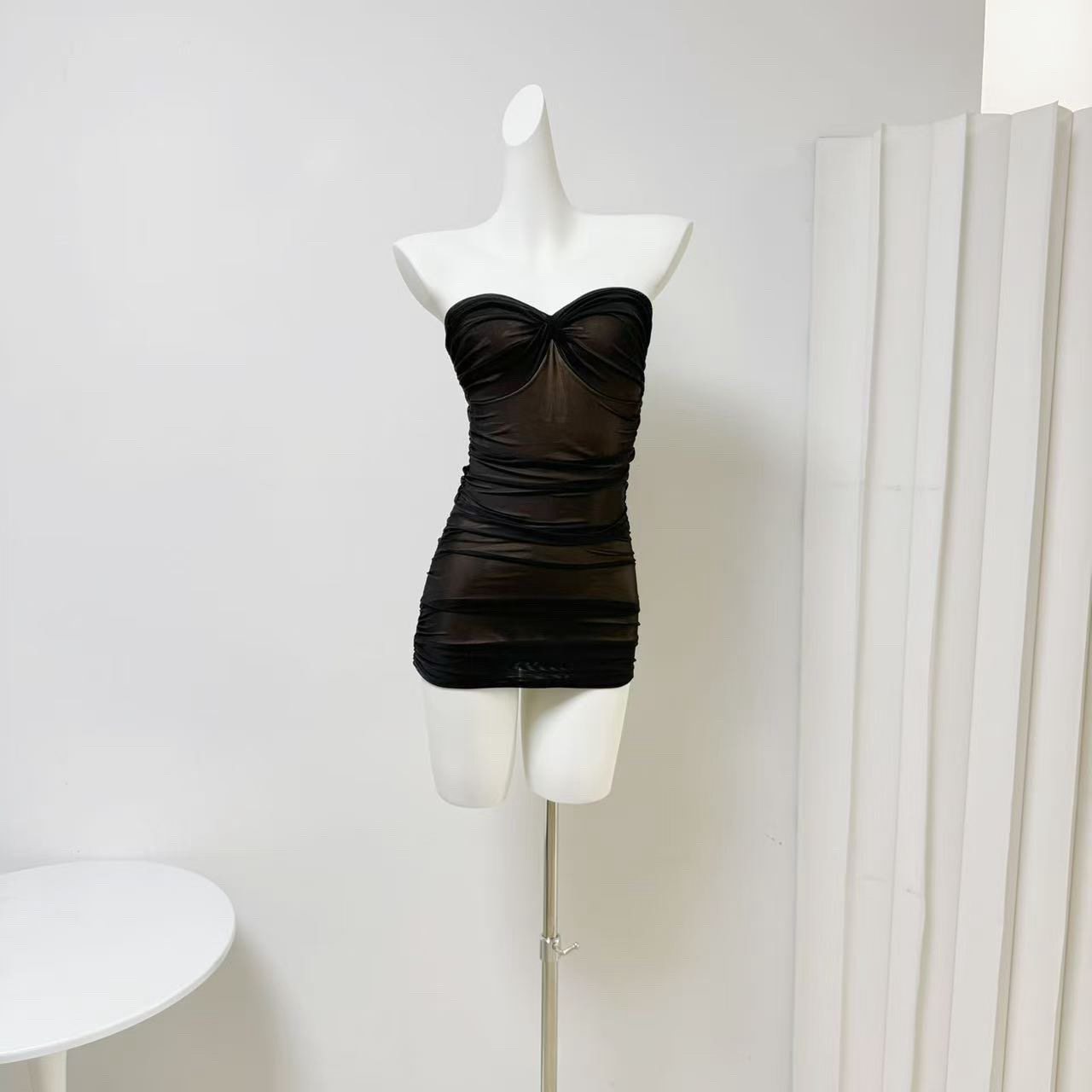 French Style Mesh Bodycon Dress with Padded Bust Ruched Waist Mini - Image 5