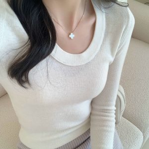 Women's Wool-Blend U-Neck Slim Knit Sweater Fall Winter Base Layer Top