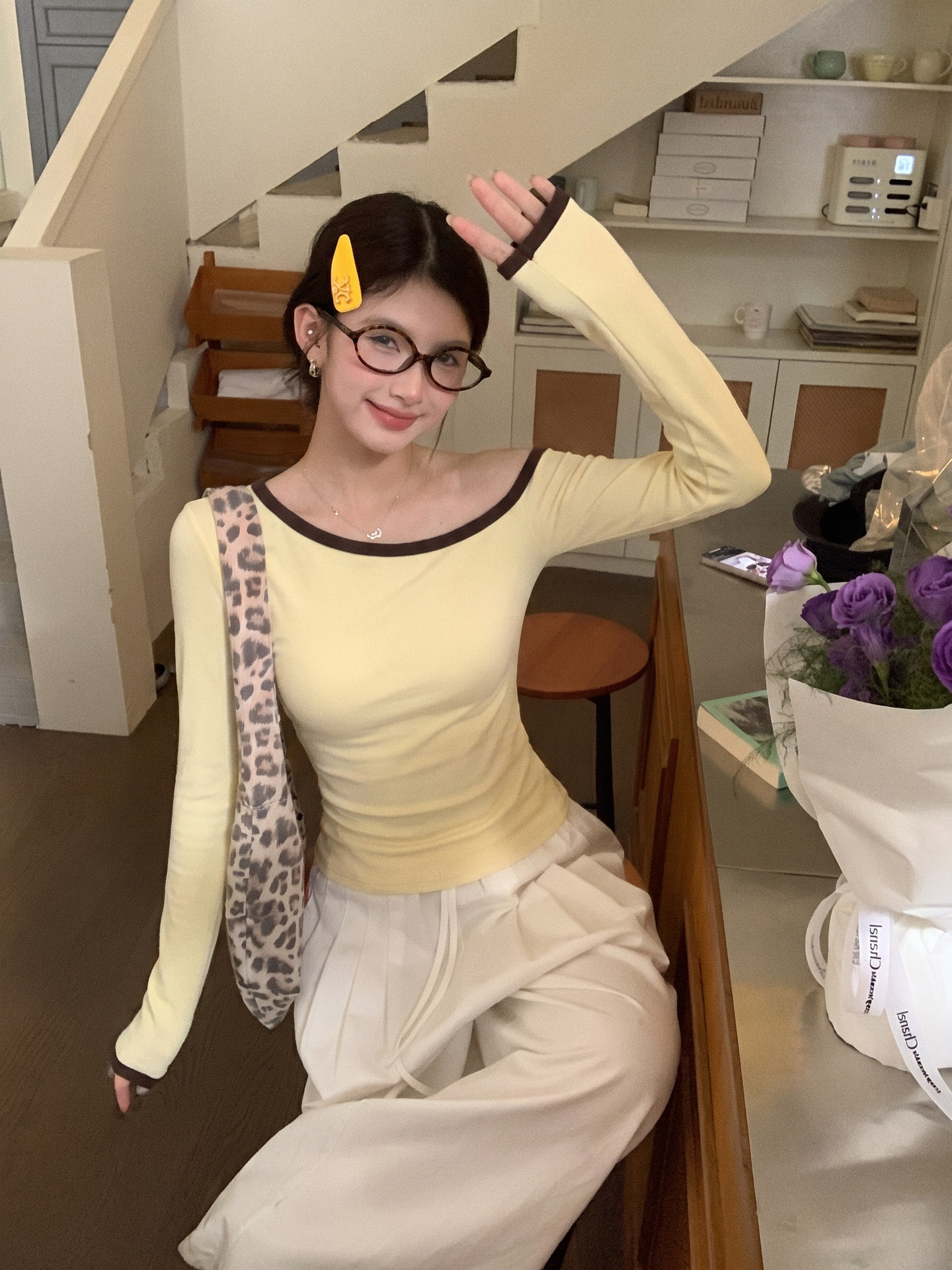 Women's Off-Shoulder Long Sleeve Knit Top 2026 Fall Winter Yellow - Image 4